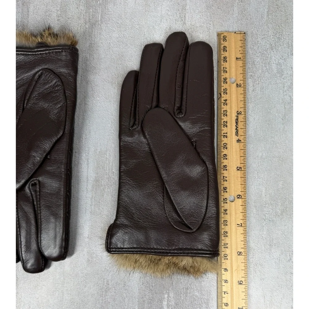 Brown Quilted Leather Gloves with Real Rabbit Fur Trim Small Chocolate Winter